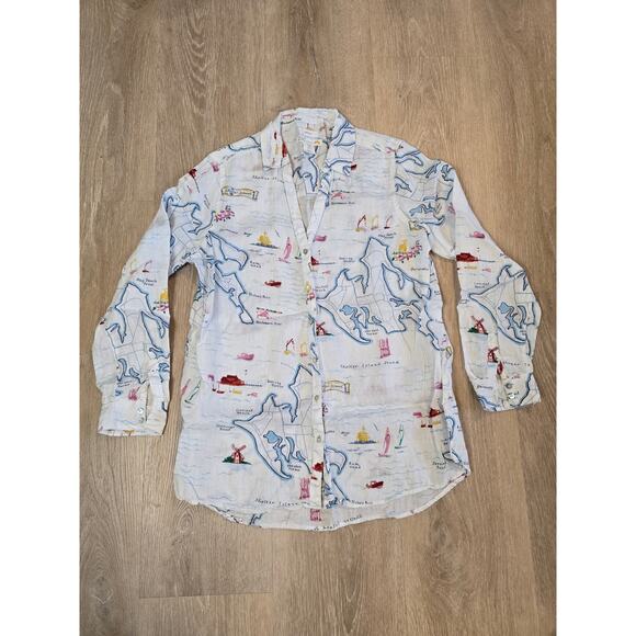 C&C California Map Print Button Up Blouse Sz M Shelter Island Linen Coastal Top - Picture 1 of 3